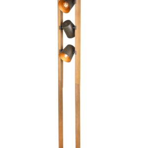 Lampe sur pied en bois naturel avec 3 spots orientables, diffuseurs en métal en acier vieilli, intérieur doré, hauteur 150 cm.