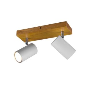 Marley Barre 2 Spots Cylindriques Blancs Base en Bois Naturel L. 31,5Cm