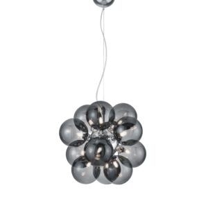 Suspension Sphérique Chromée Alicia avec 12 Diffuseurs en Verre Fumé D. 45cm