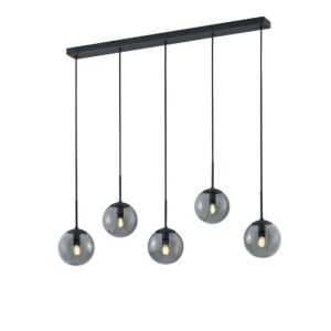 Suspension linéaire Balini avec sphères en verre fumé et métal anthracite, 5 lumières, L. 115cm.