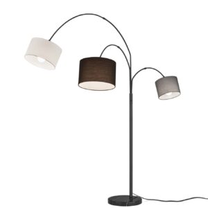 Lampadaire Clark noir mat avec arche et 3 abat-jour de diamètres et couleurs différents H. 194 cm.