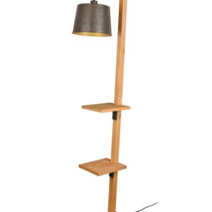 Lampadaire Rodrigo en bois naturel avec 2 étagères, socle et diffuseur en acier vieilli H. 165cm