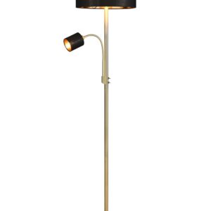 Lampe sur pied en métal laiton avec lampe de lecture, abat-jours noirs et dorés, interrupteurs séparés, H. 170 cm.