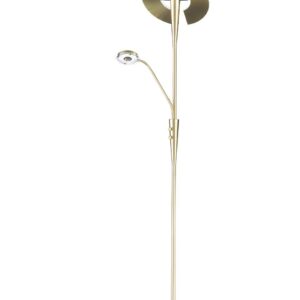 Lampadaire LED Québec avec liseuse orientable en laiton, variateur et lumière froide/chaude, hauteur 180 cm.