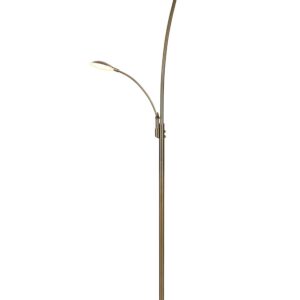 Lampadaire LED Granby en métal laiton antique avec liseuse, équipé d'interrupteurs tactiles séparés pour régler l'intensité et la température de coule