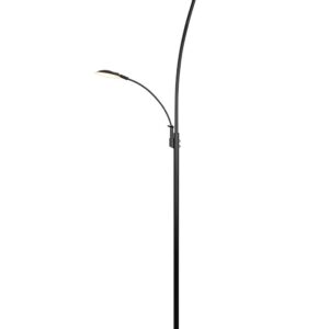 Lampadaire LED Granby en métal noir avec liseuse, équipé d'interrupteurs tactiles séparés pour régler l'intensité et la température de couleur. Hauteu