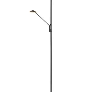 Lampadaire LED Brantford en métal noir avec liseuse, équipé d'interrupteurs tactiles séparés pour régler l'intensité et la température de couleur. Hau
