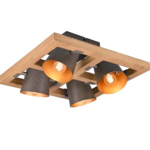 Plafonnier Carré en Bois Naturel avec 4 Spots Orientables, Diffuseurs en Métal Acier Vieilli, Intérieur en Or Antique, 39X39Cm.