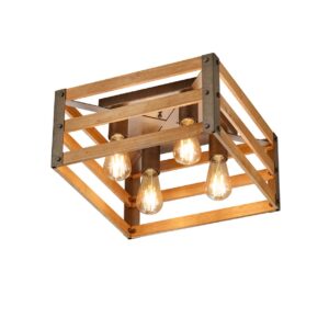 Khan Plafonnier en Bois et Métal Antique Carré 4 Lumières L.40X40Cm