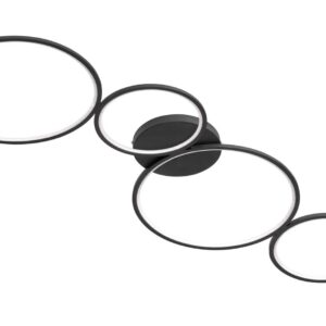 Rondo Plafonnier LED 4 Cercles en Métal Noir Mat avec Variation d'Intensité et Interrupteur Mural L. 95cm