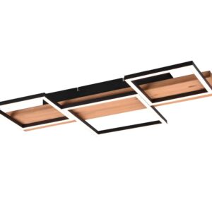 Plafonnier LED Harper en bois naturel et métal noir avec 3 carrés et réglage d'intensité avec interrupteur mural standard L. 65cm.