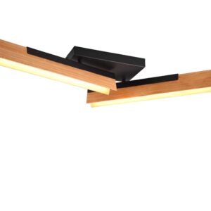 Kerala Plafonnier LED Orientable Double Diffuseur Bois Naturel et Métal Noir Dimmable avec Interrupteur L. 83Cm