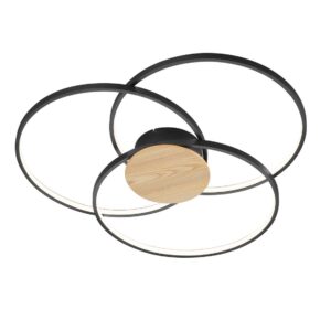 Plafonnier LED Sedona à 3 cercles noirs avec insert en bois effet, avec réglage d'intensité et interrupteur D.90cm.