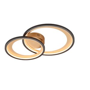 Plafonnier LED double cercle noir avec réflecteur mat doré et fonction de réglage d'intensité avec interrupteur mural L. 59 cm.
