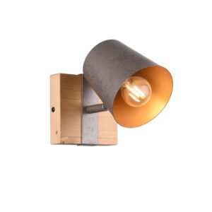 Spot orientable en bois naturel avec diffuseur en métal en acier vieilli, intérieur doré, hauteur 18 cm.