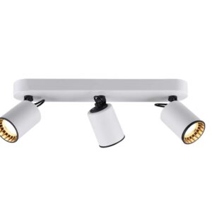 Pendant Barre 3 Spots Cylindres Métal Blancs et Anneaux Intérieurs Noirs L. 41Cm