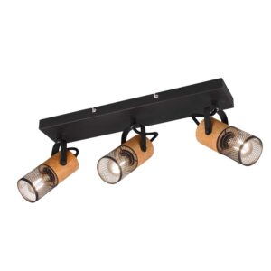 Tosh Barra 3 Spots Cylindres en Métal Noir Mat et Bois L. 44Cm