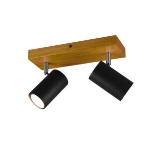 Marley Barre 2 Spots Cylindriques Noirs Base en Bois Naturel L. 31,5Cm