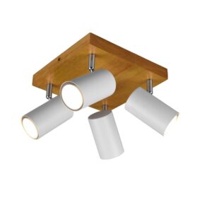 Marley Plafonnier 4 Spots Cylindriques Blancs Base en Bois Naturel L. 22Cm