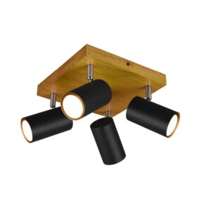 Marley Plafonnier 4 Spots Cylindriques Noirs Base en Bois Naturel L. 22Cm