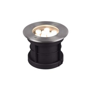 Projecteur encastrable LED extérieur rond en acier satiné pour véhicules jusqu'à 2 000 kg, IP65, diamètre 17 cm.