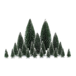 Ensemble de 21 Pins Arbres Assortis pour Villages de Noël, Tailles Variées en Polyester Vert