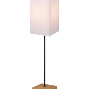 Lampe sur pied Woody avec base en bois naturel, tige en métal noir et abat-jour blanc H. 130cm.