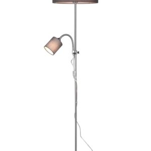 Lampadaire en métal acier satiné avec liseuse et 2 abat-jour avec interrupteurs séparés, diamètre 36 cm, hauteur 160 cm.
