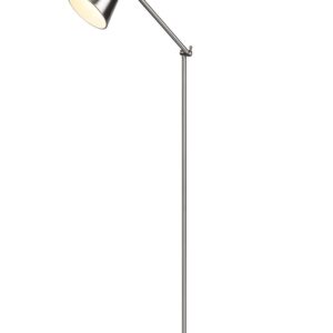 Lampadaire Enzo avec diffuseur double cône métallique, acier satiné, hauteur 150 cm.