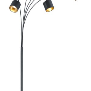 Tommy Lampadaire Arqué Avec 5 Abat-jours Noirs et Or, Base en Métal Noir Mat H.200Cm