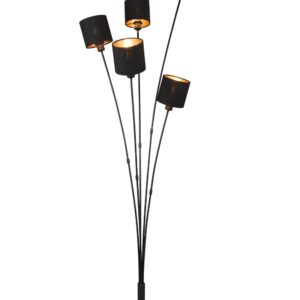 Tommy Lampadaire Noir avec 5 Abat-jours Noir et Or H.163Cm