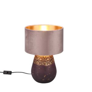 Lampe Kiran en céramique marron et or avec abat-jour en velours rose pastel et or H. 39cm
