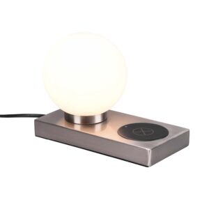 Lampe de table Chloe en acier avec sphère en verre blanc et base pour recharge inductive de téléphone portable avec interrupteur tactile H. 15 cm.