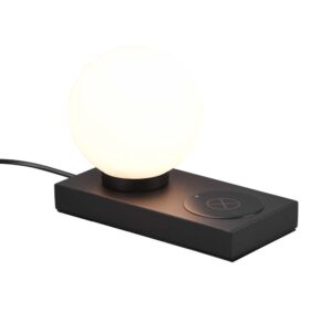 Lampe de table Chloe noire avec sphère en verre blanc et base pour recharge inductive de téléphone portable avec interrupteur tactile H. 15 cm