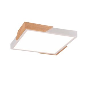 Plafonnier LED carré avec bordure blanche et bois naturel, doté d'une fonction de réglage d'intensité lumineuse avec un interrupteur mural standard. D