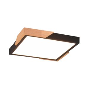 Plafonnier LED carré avec bordure noire et bois naturel, doté d'une fonction de réglage d'intensité avec interrupteur mural standard. Dimensions : 31,