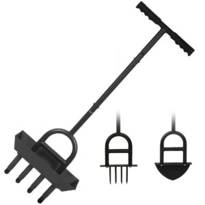 Aeroforge - Aérateur manuel 3 en 1 pour pelouse avec aérateur à 4 pointes, pelle en demi-lune et carottage, avec bac de rangement noir