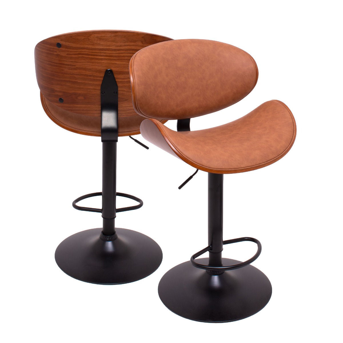 Glasgow - Ensemble de 2 tabourets de bar 52,5x94/115x40 cm en bois massif et simili cuir marron