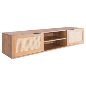 Jacala - Meuble TV en bois et rotin, 2 portes et 2 compartiments ouverts