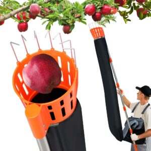 Pametik - Cueilleur de Fruits avec Manche Télescopique 4 m, Support et Sac en Tissu Orange et Noir