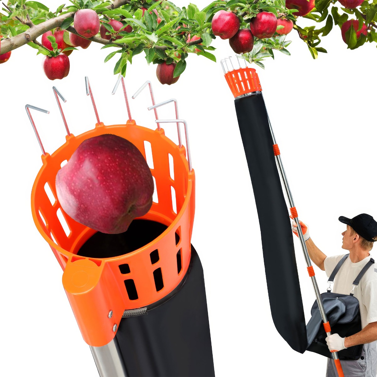 Pametik - Cueilleur de Fruits avec Manche Télescopique 4 m, Support et Sac en Tissu Orange et Noir