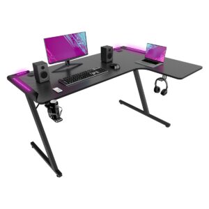 Shigeru - Bureau Gaming d'Angle 140x99x76 cm avec LED en MDF et Métal Noir