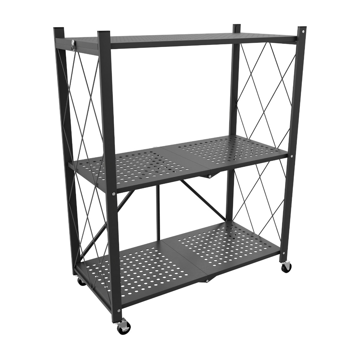 Smithers - Étagère Chariot Pliable Gain de Place 72x90x33,5 cm, 3 Niveaux, Repliable en Métal Noir